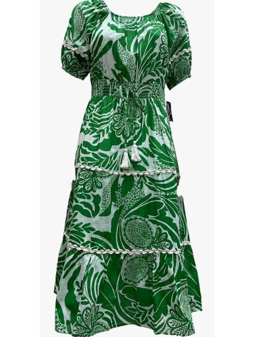 Green Mlle Gabrielle midi Printed Cotton Boho Dress Elastic Tassle 2XL UEC
